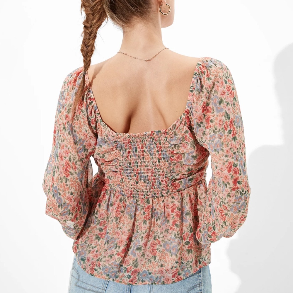 American Eagle Chiffon Ruched Babydoll Top - Picture 2 of 8